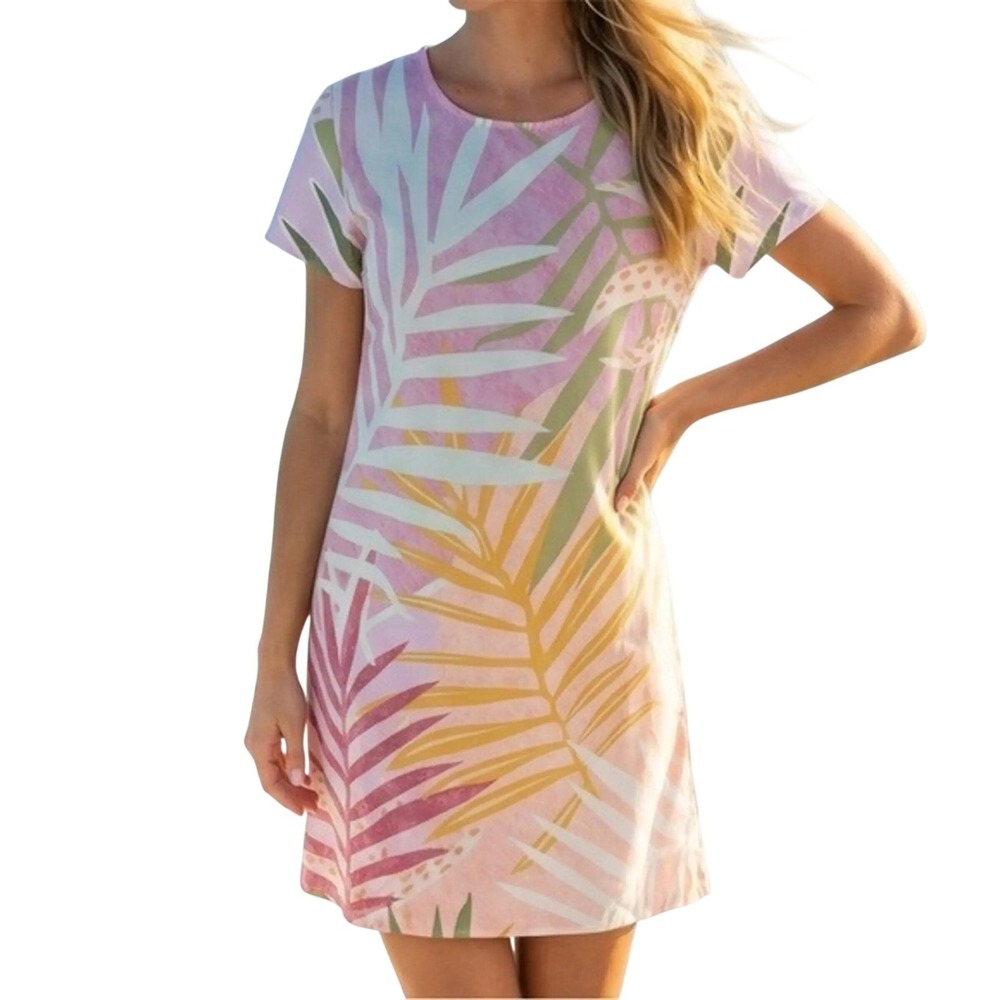 MINKPINK Palm Springs Tee Dress, White with Palm Tree Pattern, Size Medium